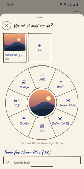 The share pop-up: a photo in the middle of a wheel with PNG, WebP, Under 50 KB, Under 100 KB, PDF, Smaller, 50% and 1080 px around it