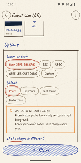 Exact size (KB) tool with exam presets