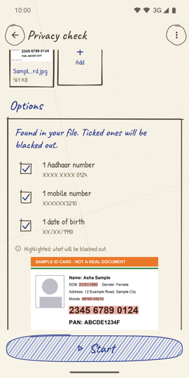 Privacy check finding an Aadhaar number in an ID card photo